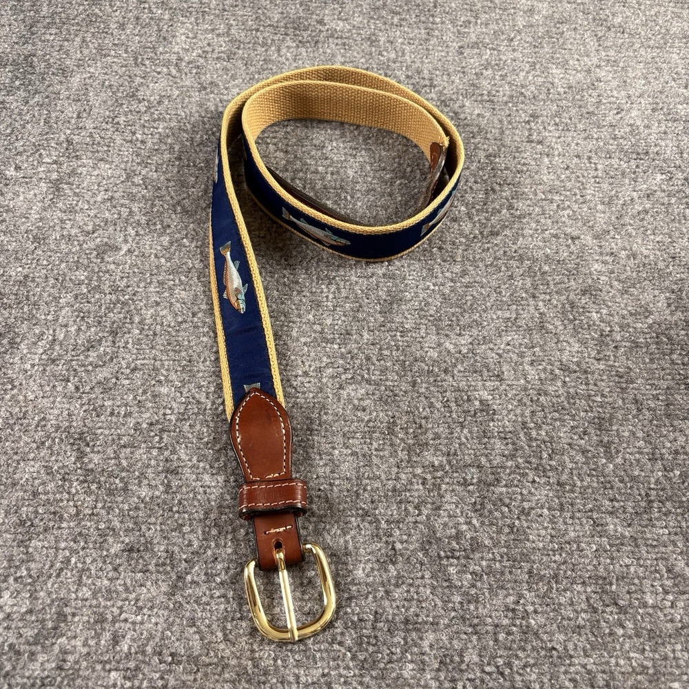 Vintage 90s Trout Fish Ribbon Belt Men's 42 Navy Leather Brass Preppy Fishing
